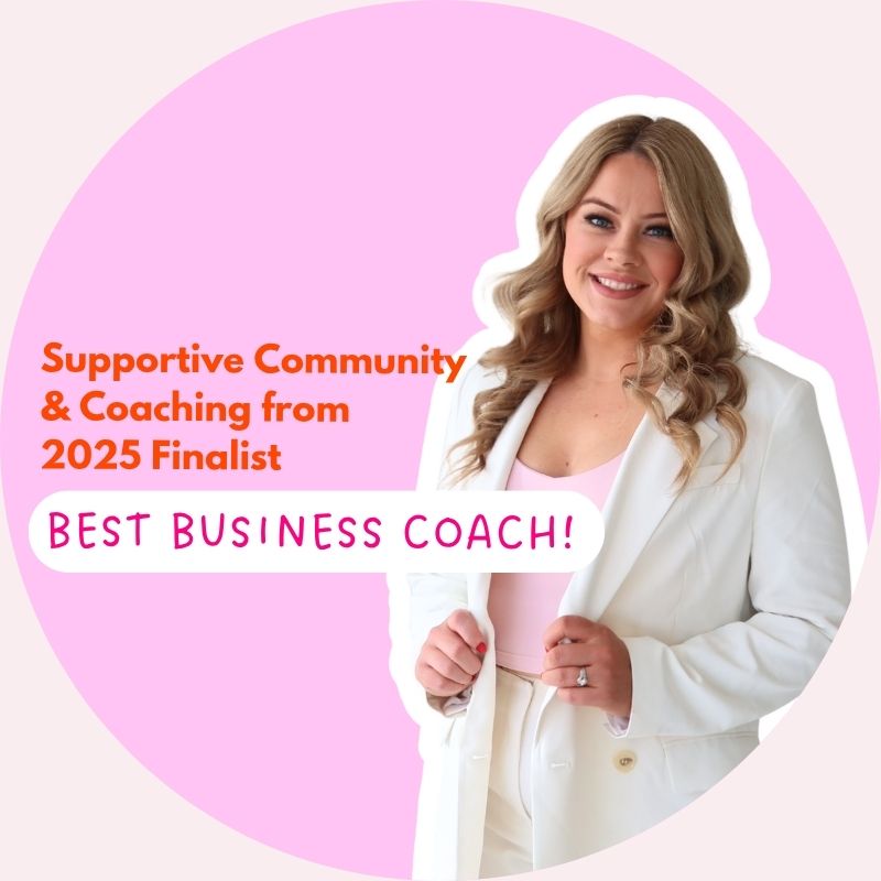 Promotional graphic featuring a smiling Kimberley Haworth wearing a white suit over a pink top, standing against a soft pink background. Text above her reads: “Supportive Community & Coaching from 2025 Finalist — Best Business Coach!” The design highlights coaching and community support as key features.